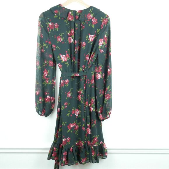 Nine West 8 Wrap Dress Dark Floral Rose Ruffle Sheer Whimsigoth Boho Feminine - Picture 7 of 7